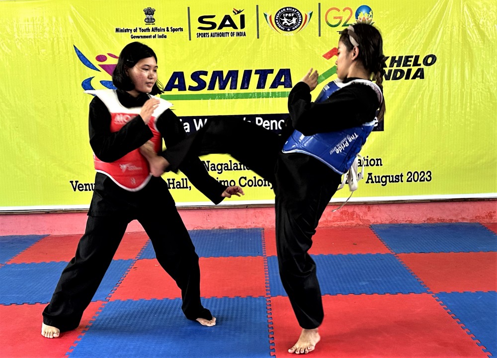 Two athletes competing at the Khelo India Women’s Pencak Silat League held in Dimapur on August 28.